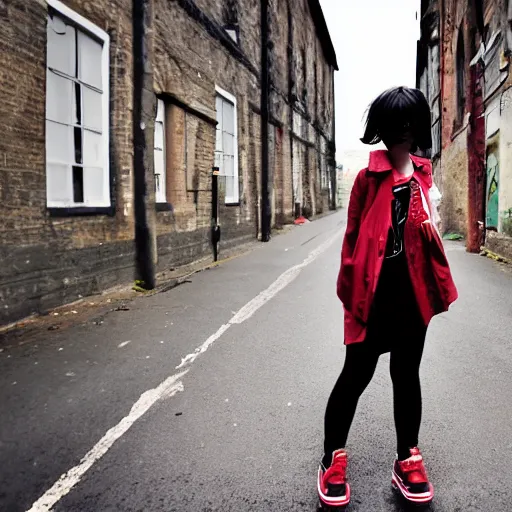 Image similar to a pale emo girl, messy black / red hair, british street background, canon powershot a 5 0, 2 0 0 6