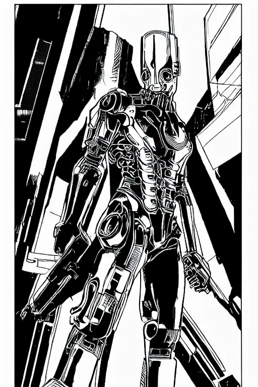 Prompt: ultron standing heroically, a page from cyberpunk 2 0 2 0, style of paolo parente, style of mike jackson, adam smasher, johnny silverhand, 1 9 9 0 s comic book style, white background, ink drawing, black and white