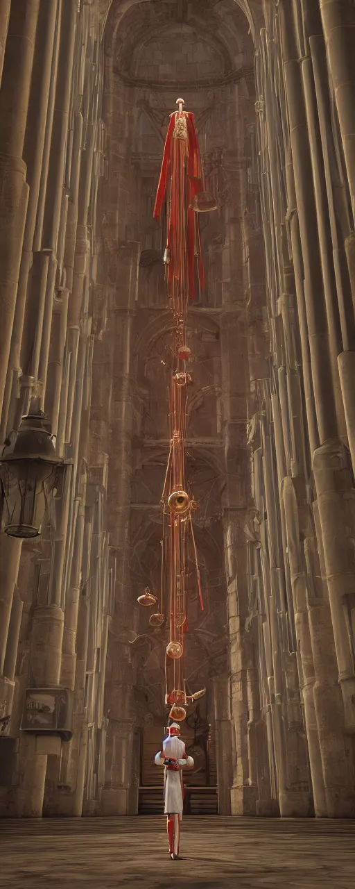 Image similar to Man in a retrofuturistic Moebius inspired costume standing in a catholic cathedral and watching up a giant bell with pipes coming from it, low camera, dark souls, realistic, octane rendered, uplight, unreal engine, paint textures, highly detailed