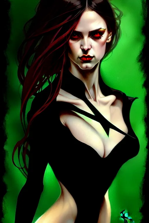 Image similar to portrait of a dark fantasy seductive female necromancer, stylish black dress, green eyes, long red hair, fantasy, elegant, intricate, full frontal shot, highly detailed, digital painting, artstation, concept art, sharp focus, illustration, art by artgerm and greg rutkowski and alphonse mucha