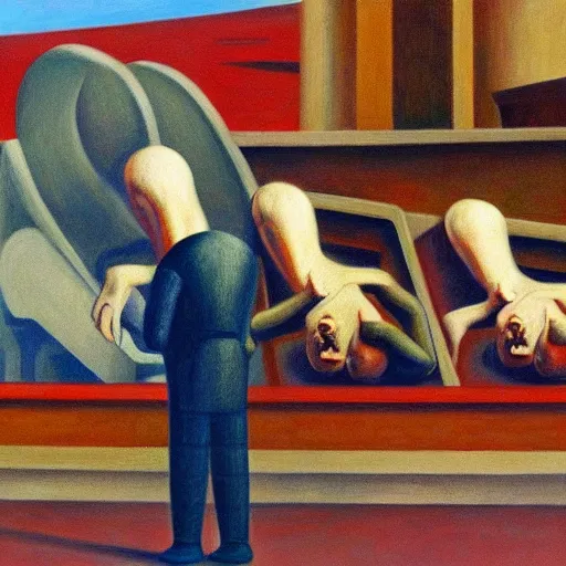 Image similar to organized laborers, human subjugation, mind control, dystopian, pj crook, edward hopper, oil on canvas