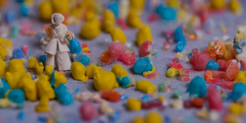 Image similar to a cinematic film still of a claymation stop motion film about a town made of lemons and candy, shallow depth of field, 8 0 mm, f 1. 8