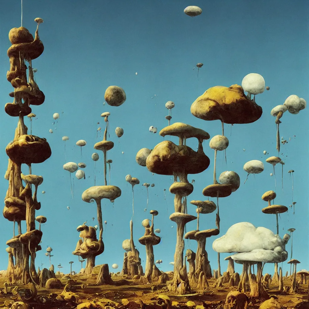 Image similar to a single! colorful!! fungus tower clear empty sky, a high contrast!! ultradetailed photorealistic painting by dean ellis, roger dean and giorgio de chirico, hard lighting, masterpiece