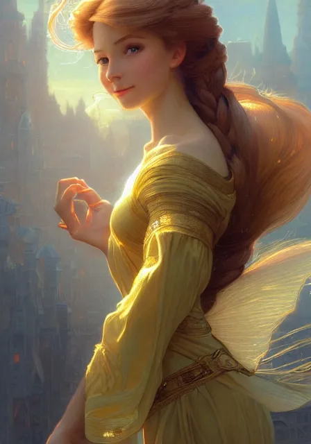 Image similar to rapunzel gold sun lights, intricate, elegant, highly detailed, digital painting, artstation, concept art, smooth, sharp focus, illustration, art by artgerm and greg rutkowski and alphonse mucha and william - adolphe bouguereau