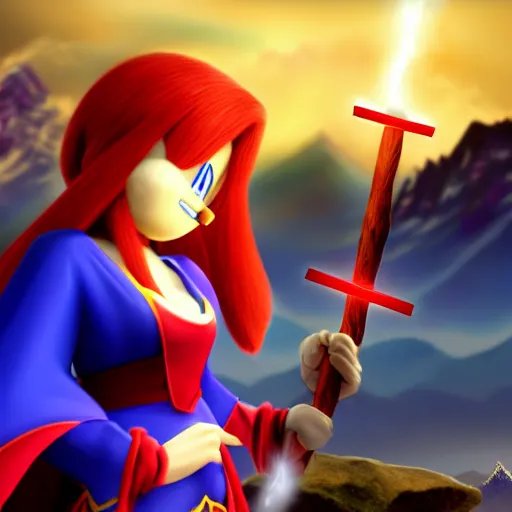 Image similar to red headed woman dressed in dark blue wizard robes holding a wooden staff covered in glowing red runes topped with a glowing gem. background of snowy mountains. fantasy painting. sonic the hedgehog is also there