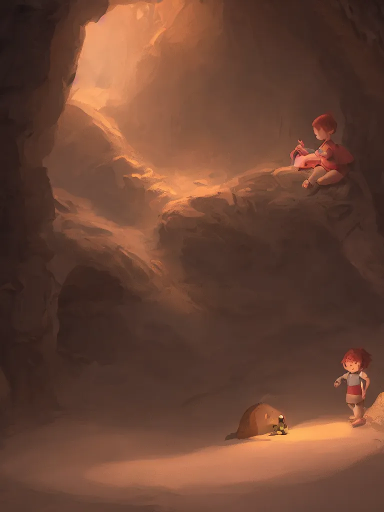 Prompt: lit child, in a dark cave, by disney concept artists, blunt borders, rule of thirds, soft light