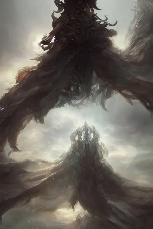 Prompt: art installation, cthulu descending from the clouds, intricate, beautiful cinematic lighting, stunning painting by artgerm and ruan jia