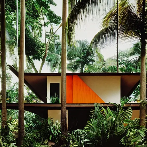 Image similar to A tropical modern villa designed by Charles Eames in a forest of Goa, photograph by Harry Gruyaert, shot on large format film camera, natural light, trending on VSCO, 8K, super-resolution