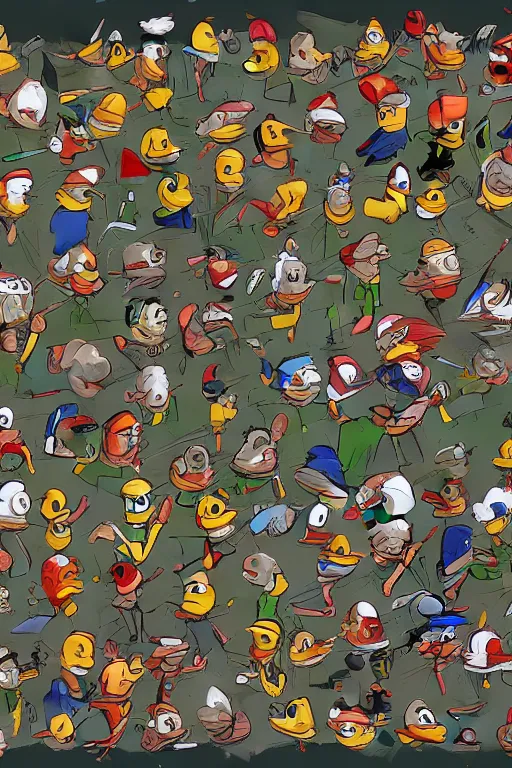 Image similar to concept art, full frontal page, finding waldo but he is a duck, highly detailed, 8k