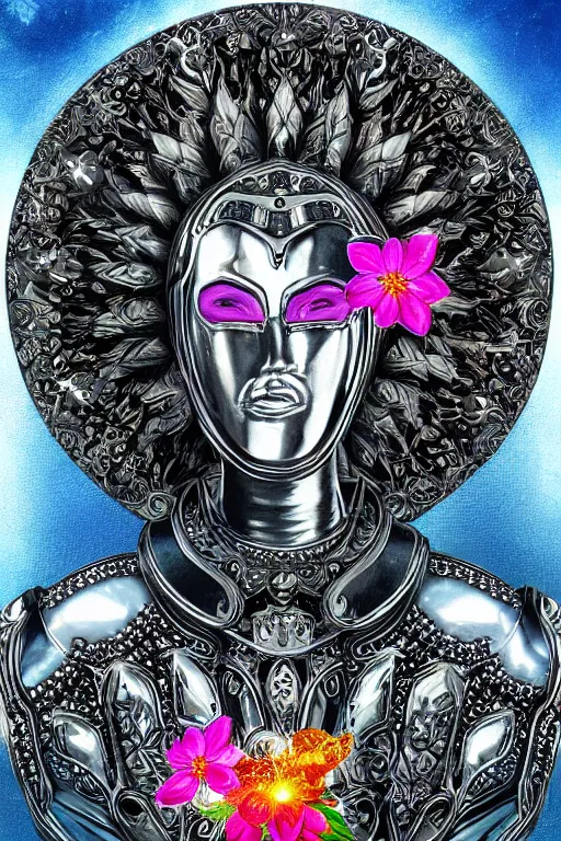 Image similar to pearlescent retrofuturistic digital airbrush illustration of a knight wearing an ornate chrome headpiece and holding a flower with a landscape and sky in the background by luigi patrignani