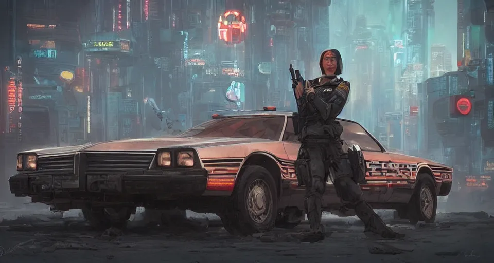 Image similar to a highly detailed epic cinematic concept art CG render digital painting artwork scene: retrofuturistic 1980s cyberpunk soviet police patrol car. By Greg Rutkowski, Ilya Kuvshinov, WLOP, Stanley Artgerm Lau, Ruan Jia and Fenghua Zhong, trending on ArtStation, made in Maya, Blender and Photoshop, octane render, excellent composition, cinematic dystopian brutalist atmosphere, dynamic dramatic cinematic lighting, aesthetic, very inspirational, arthouse