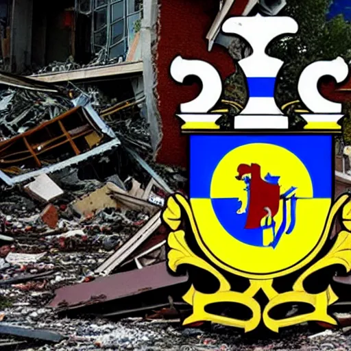 Prompt: the coat of arms of ukraine, against the background of the destroyed city