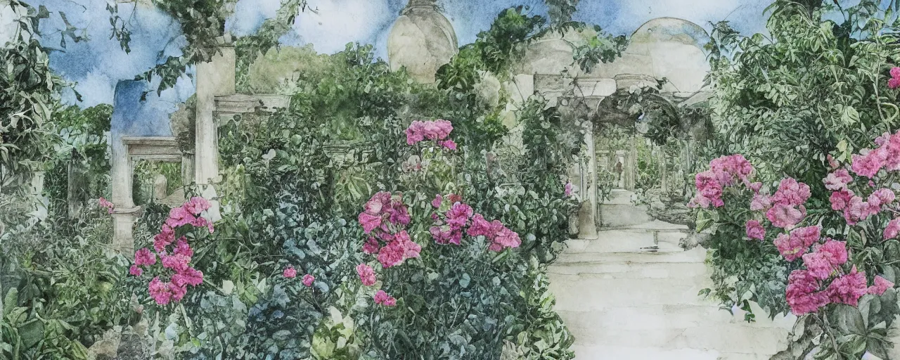 Image similar to delicate marble in a botanic garden, stony, puffy clouds, botanical herbarium paper, watercolor colored painting and pencil, iridescent colors, 8 k, realistic shaded, fine details, artstation, italian, colonnade, vines, flowers, gardena architecture, pompeii