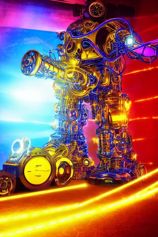 Image similar to portrait photo of a giant huge golden and blue metal futuristic steampunk robot covered with multicolored big gears and tubes, robot holds a red fender stratocaster, eyes are glowing red lightbulbs, shiny crisp finish, 3 d render, 8 k, insaneley detailed, fluorescent colors, background is multicolored lasershow