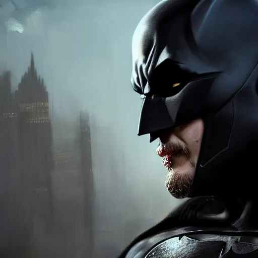 Image similar to closeup portrait of tom hardy as batman, city background, dramatic light, gorgeous view, depth, high detail, digital art, painted by greg rutkowski, trending on artstation