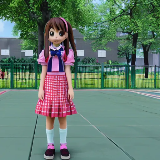Prompt: cute anime elementary school girl playing on playground, unreal engine rendering, 4k