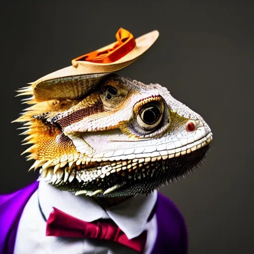 Image similar to dslr portrait still of a bearded dragon wearing a top hat and bow tie, 8 k 8 5 mm f 1. 4