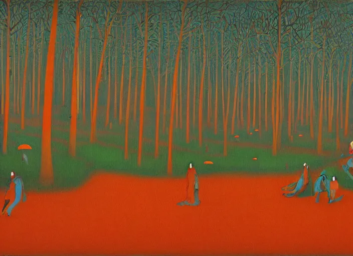 Image similar to a forest with a 5 orange cones scattered about, by surrealist james jean, in the style of francis bacon and edward hopper and beksinski