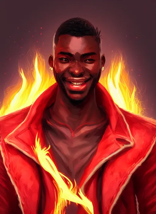 Prompt: a highly detailed illustration of attractive top cut haired african guy wearing red jacket, flaming eyes, dramatic smile pose, intricate, elegant, highly detailed, centered, digital painting, artstation, concept art, smooth, sharp focus, league of legends concept art, wlop