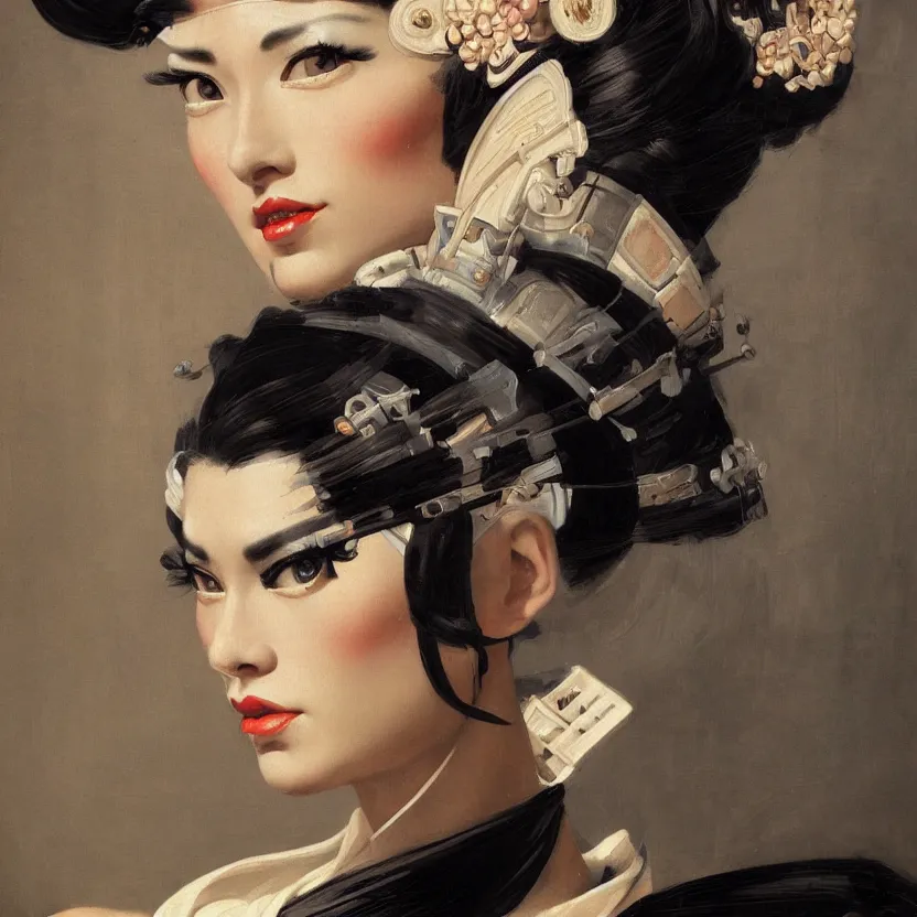 Prompt: a baroque neoclassicist close - up portrait of a retrofuturistic geisha assassin head and shoulders, large marble architecture in background. renaissance portrait painting. highly detailed science fiction painting by norman rockwell, frank frazetta, and syd mead. rich colors, high contrast, gloomy atmosphere, dark background. trending on artstation