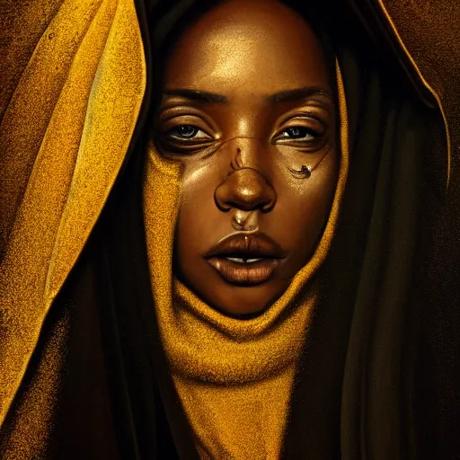 Image similar to a portrait of a young black woman wearing a long dark cloak, hood and shadows covering face, anatomically correct, beautiful perfect face, enigmatic, oil painting, matte painting, black background, Volumetric Golden dappled dynamic lighting, Highly Detailed, Cinematic Lighting, Unreal Engine, 8k, HD, by Beksinski