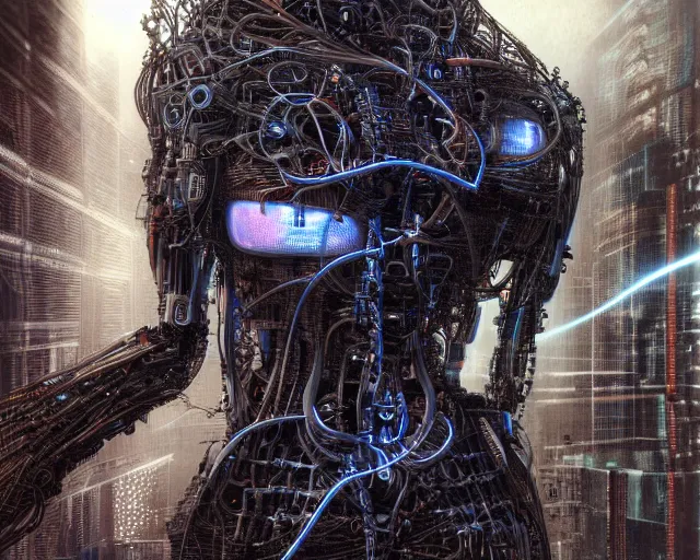 Image similar to photo of a biomechanical torso of a cyborg plugged into a quantum computer with cables and wires and optic fibers. cyberpunk horror style. art by luis royo. highly detailed 8 k. intricate. nikon d 8 5 0 5 5 mm. award winning photography.