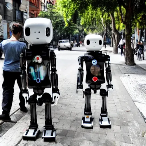 Image similar to Humanoid robots in the streets of Buenos Aires, helping people find their way, on the sidewalk