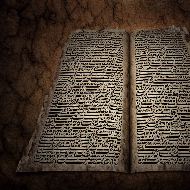 Image similar to horrifying ultra - realistic disconcerting photo of a partially damaged dead sea scroll with nabeatean aramaic in sideways columns, dark, brooding, volume lighting, atmospheric lighting, painted, intricate, ultra detailed, well composed, best on artstation, cgsociety, epic, stunning, gorgeous, intricate detail, wow, masterpiece