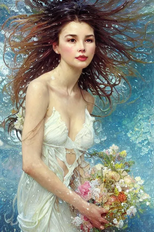 Image similar to portrait of a beautiful woman wearing a white dress, holding a bouquet of flowing flowers, drenched body, wet dripping hair, emerging from the water, fantasy, regal, fractal crystal, fractal gems, by stanley artgerm lau, thomas kindkade, alphonse mucha, loish, norman rockwell