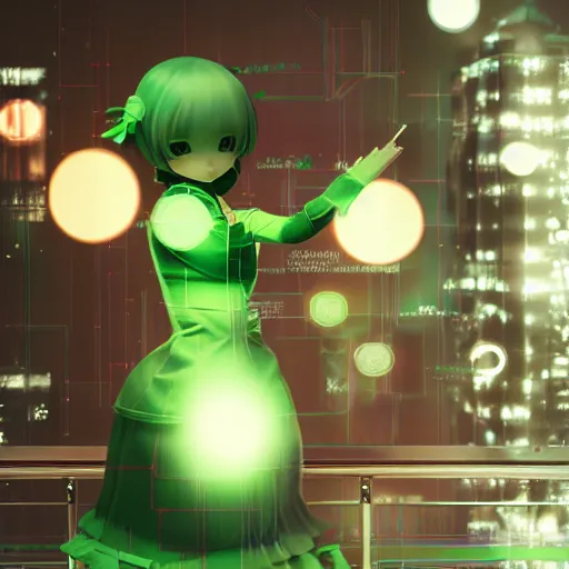 Prompt: cute fumo plush of a girl with prosthetic mechanical arms, green velvet dress, glowing dataglyphs, bokeh, cyberpunk anime girl, vray