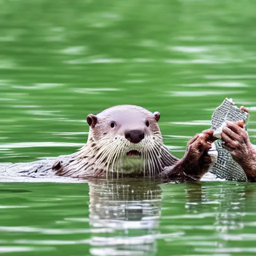 Prompt: otter eating a large bitcoin in clear water, 4 k
