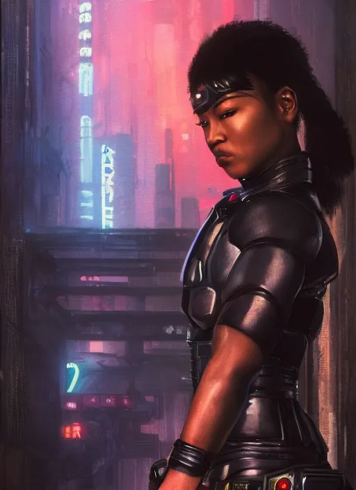 Image similar to black chun li wins. cyberpunk police trooper in a military vest ( blade runner 2 0 4 9, cyberpunk 2 0 7 7 ). orientalist portrait by john william waterhouse and james gurney and theodore ralli and nasreddine dinet, oil on canvas. cinematic, hyper realism, realistic proportions, dramatic lighting, high detail 4 k