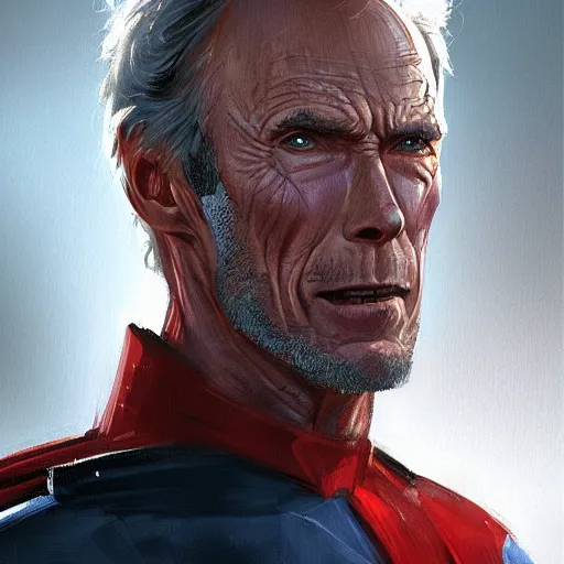 Image similar to portrait of superhero by greg rutkowski, clint eastwood wearing a black, red and blue kevlar gear, highly detailed portrait, digital painting, artstation, concept art, smooth, sharp foccus ilustration, artstation hq