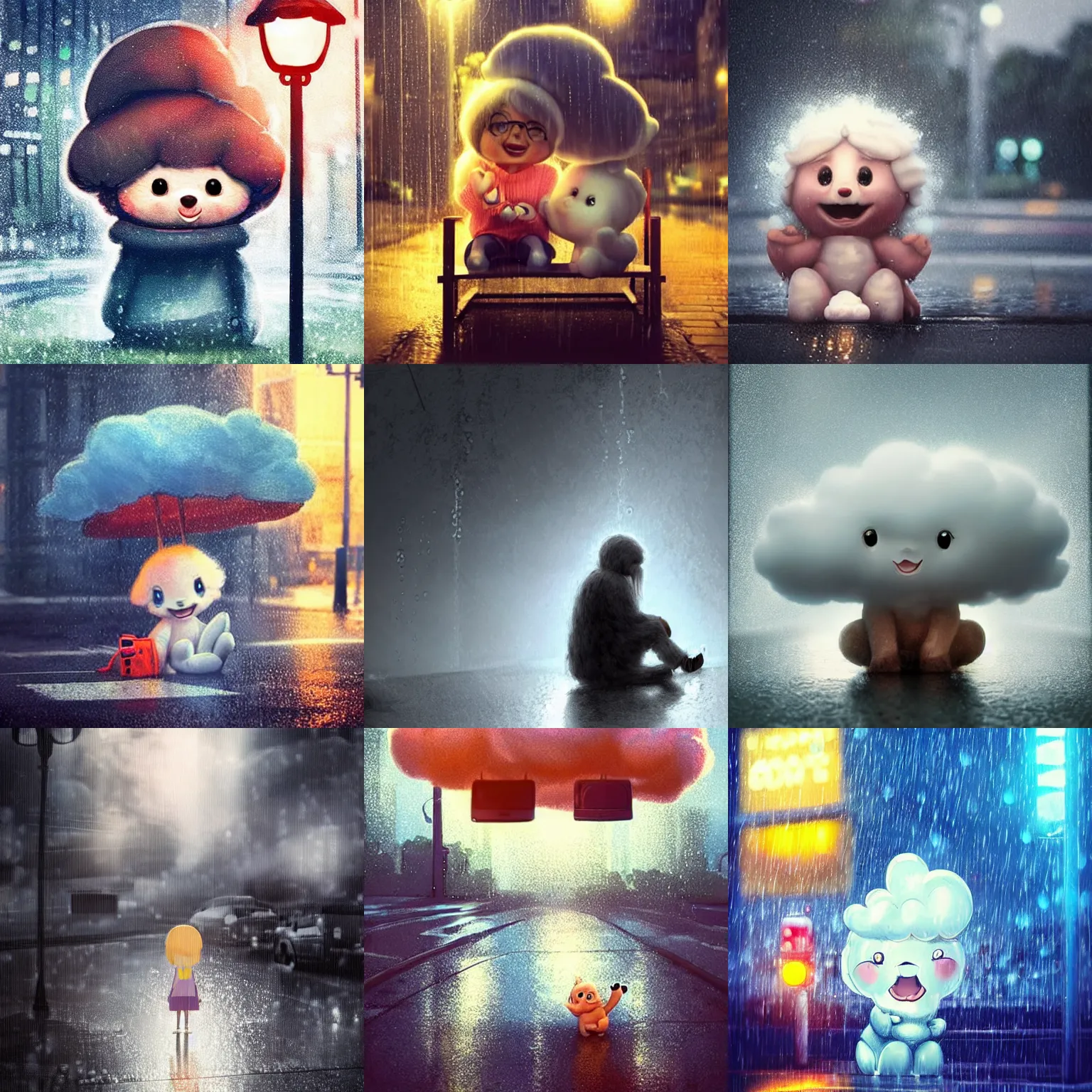 Prompt: a happy adorable and cute cloud character wet from the pouring rain sitting and sheltering underneath a bus stop because it's raining outside, the streets are wet and are reflecting the street lights very very very very very very very beautiful 3 d art. movie poster. trending on artstation. backlit, bokeh, cinematic lighting rendered with unreal engine.