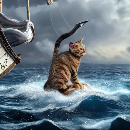 Prompt: viking cat sailing across the open sea. hyperdetailed photorealism. 1 0 8 megapixels, amazing detail, cinematic lighting