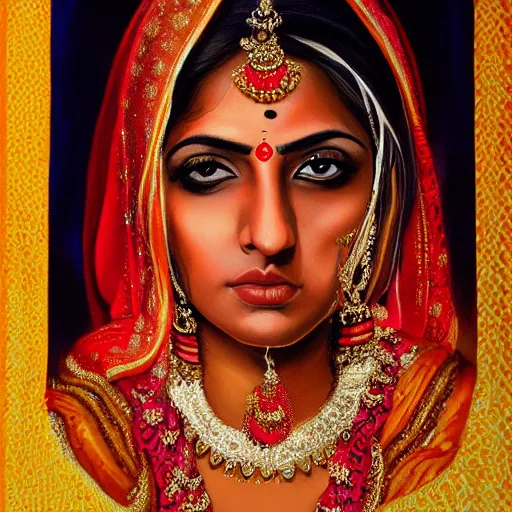 Prompt: Indian Bride, oil painting, portrait, intricate complexity, rule of thirds, face by Artgerm, character concept, dramatic lighting, complementary colors