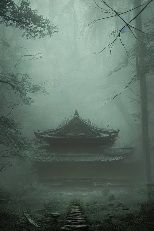 Image similar to Japanese abandoned temple in the woods, dark, moody, foggy, mysterious by Marc Simonetti