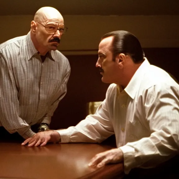 Image similar to Still of Walter White in The Sopranos at the Bada Bing talking with Tony Soprano, dark lighting