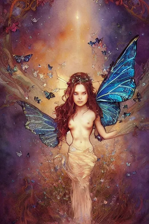 Prompt: portrait of beautiful faerie with butterfly wings, symmetrical, elegant, regal, intricate, fireflies in a twilight background, highly detailed, digital painting, artstation, concept art, sharp focus, watercolor ink illustration, muted color, complementary colors, art by bastien lechouffe deharme, greg rutkowski and alphonse mucha