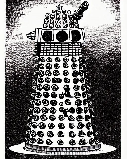 Image similar to a dalek as a d & d monster, pen - and - ink illustration, etching, by russ nicholson, david a trampier, larry elmore, 1 9 8 1, hq scan, intricate details, high contrast, no background