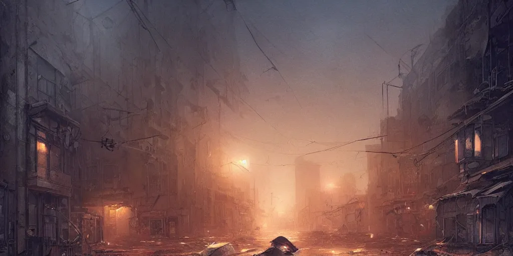 Prompt: A deserted street in a deserted decayed modern town at night, dystopia, intricate, highly detailed, digital painting, artstation, concept art, sharp focus, illustration, art by greg rutkowski and john howe