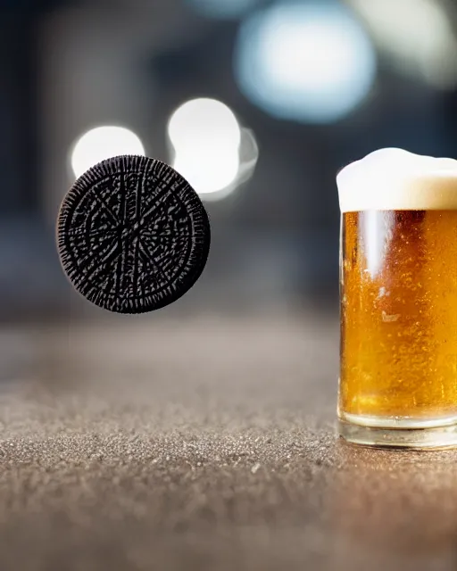 Image similar to dlsr food photograph of an oreo being dipped in beer, bokeh, studio lighting, 5 0 mm f 1. 4