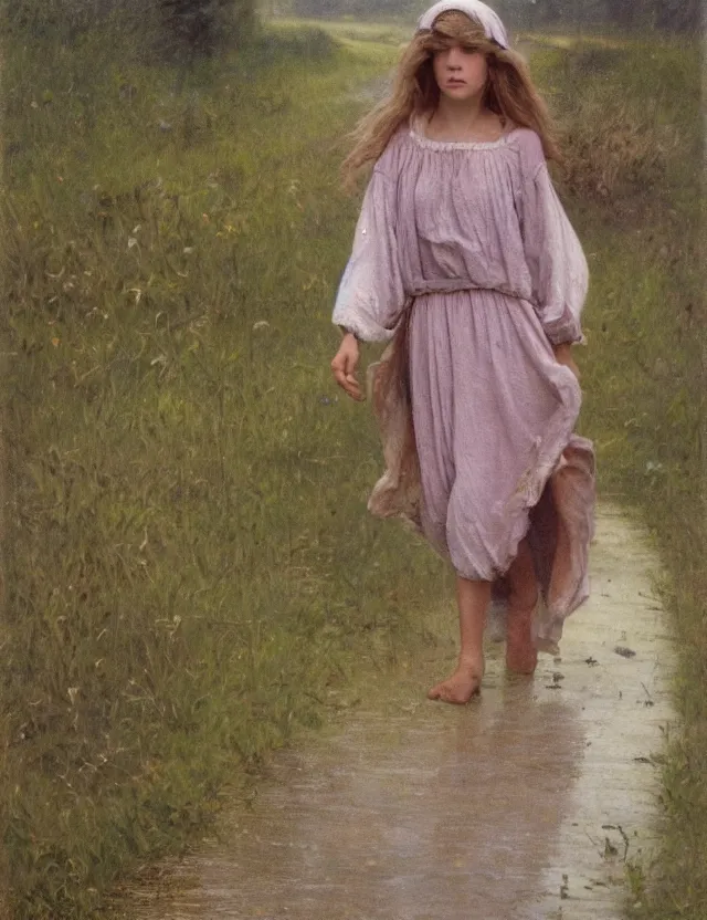 Prompt: peasant girl with long windy hair running under the rain, cottage core, cinematic focus, polaroid photo bleached vintage pastel colors high - key lighting, soft lights, foggy, by steve hanks, by lisa yuskavage, by serov valentin, by tarkovsky, 8 k render, detailed, oil on canvas