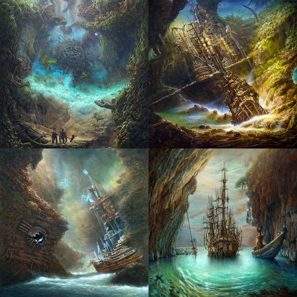 Prompt: a pirateship wreck in a crystal gorge, river running thru the middle, by tomasz alen kopera and Justin Gerard