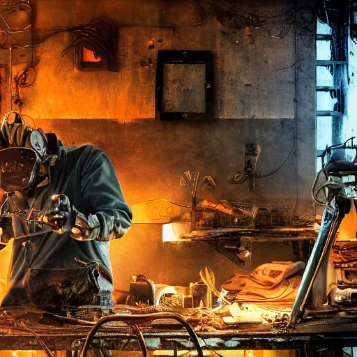 Prompt: half rusted old egg beater half stun - gun, balding older cyborg repairing, red hot soldering iron, dark messy smoke - filled cluttered workshop, dark, dramatic lighting, orange tint, cinematic, highly detailed, sci - fi, futuristic, movie still from blade runner