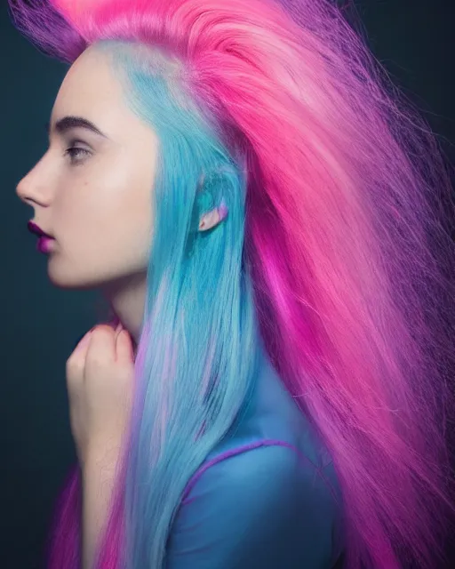 Image similar to a dramatic lighting photo of a beautiful young woman with cotton candy hair. with a little bit of cyan and pink