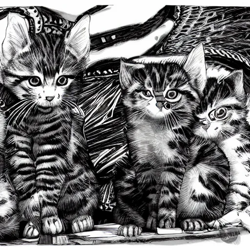 Image similar to Kittens summoning milk bones manga panel award winning black and white art by Kim Jung Gi highly detailed pen and ink matte painting