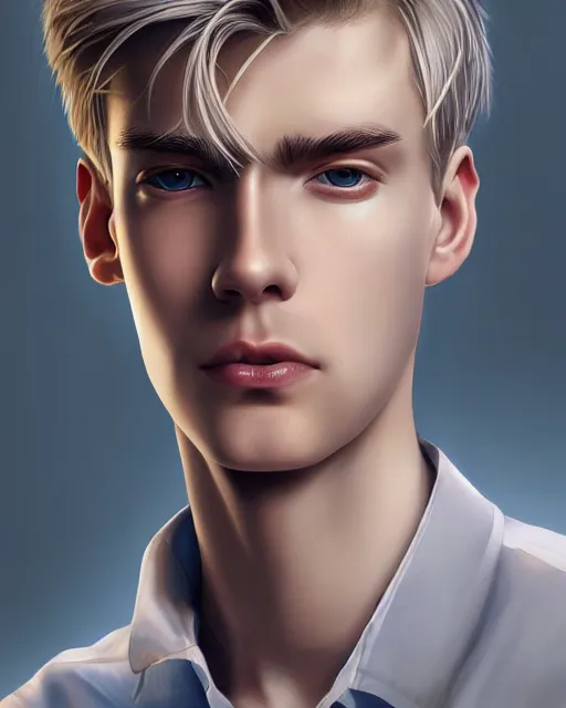 Image similar to portrait of 1 5 - year - old boy, a tall, slender boy with a pale, pointed face, sleek blond hair, and ice grey eyes, wearing in shirt, hyper realistic face, beautiful eyes, character art, art by mark brooks, hyperdetailed, cryengine, trending on artstation, digital art