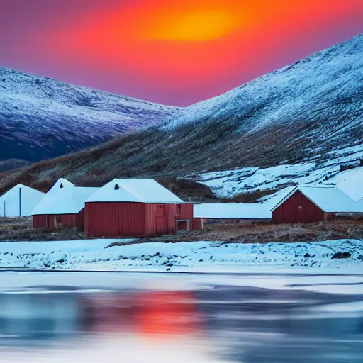 Image similar to overgrown norwegian village at the coast, sunset, arctic, beautiful, impressionist art