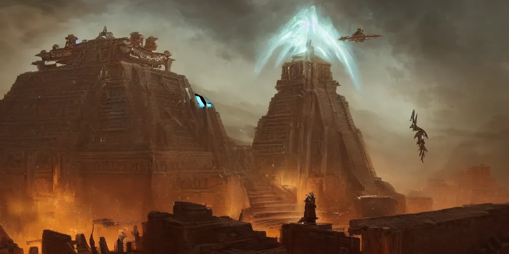 Image similar to An Aztec warrior watching ominous alien spacecraft flying above the Aztec temple. Intense dramatic epic sci-fi cinematic concept artwork in the style of Jacek Pilarski and Greg rutkowski and Sylvain Lorgeou. Trending on artstation